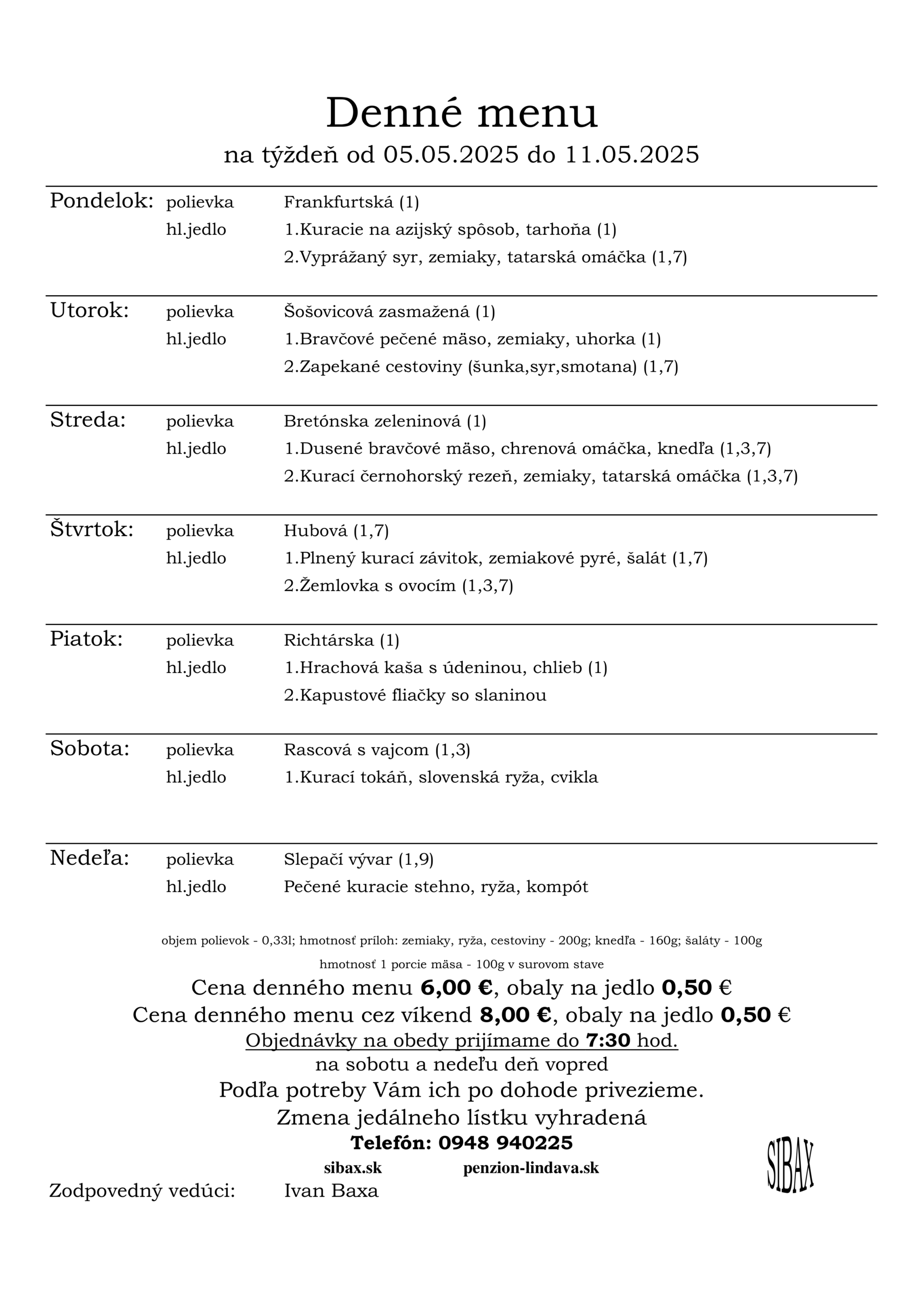 obedové menu 05.05.2025-11.05.2025 penzión Lindava